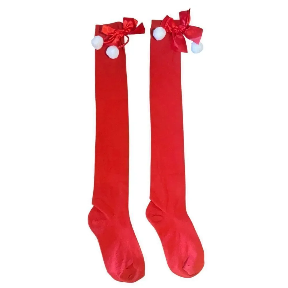 Christmas Solid Red Over-the-Knee Socks With Bow & Pom Poms